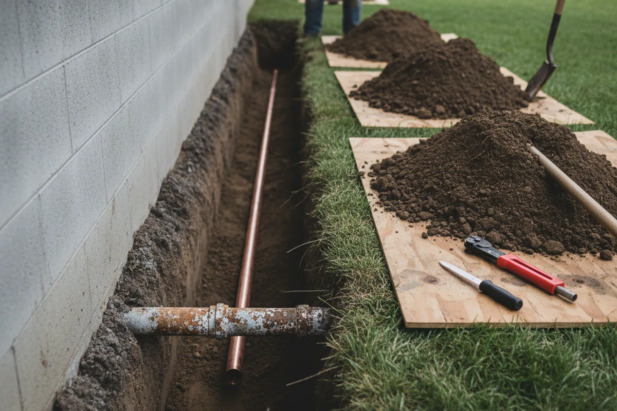 Excavated water line trench during Water Softener Installation in Winsted
